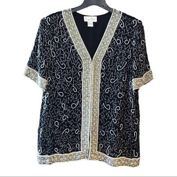 Laurence Kazar Sz XL Vintage Heavy Black Silver Beaded & Sequined Mafia Vibe Top - Picture 1 of 8